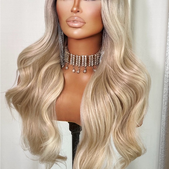 HD Transparent Lace Front Loose Curl Blonde Dark Root Ombre Long Wig - Picture 8 of 11